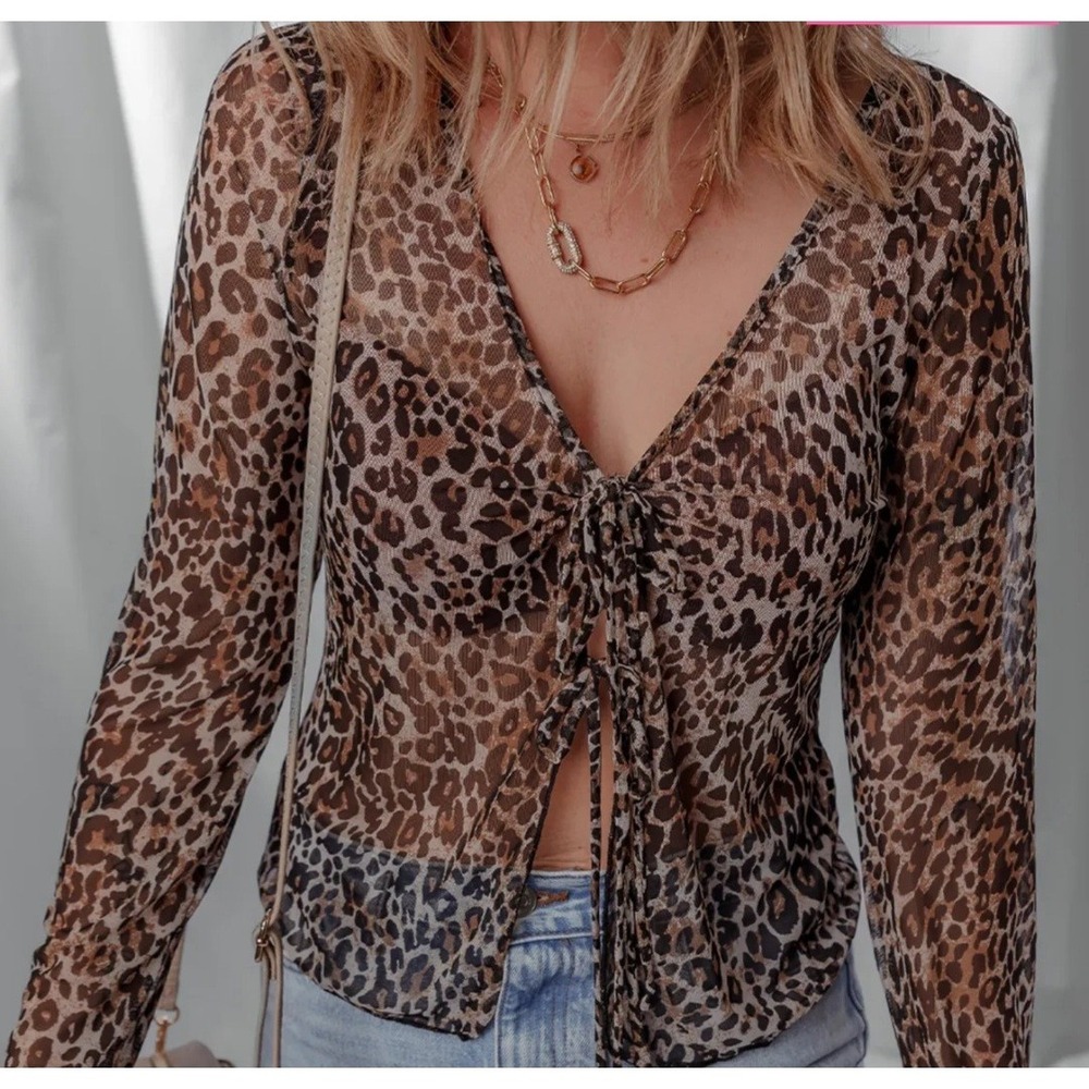 Kali Fashions  Leopard Sheer Mesh Long Sleeve V Neck Lace-Up Blouse